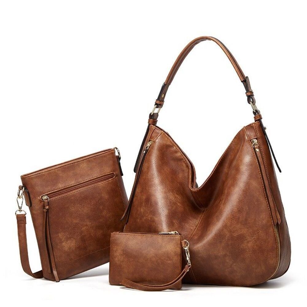 Brown Expandable Handbags Women Shoulder Bags Tote Satchel Hobo 3pcs Purse Set